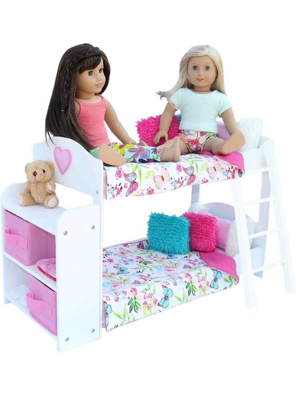 18" Doll Bunk Bed Set - 23 Piece with Linens, Pajamas & Shelves - Fits Most